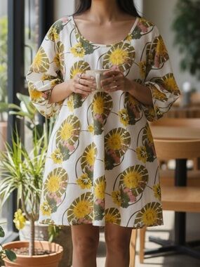 Masai XL Tunic Top Floral Viscose Lagenlook Trapeze 3/4 Sleeve Oversized Boho